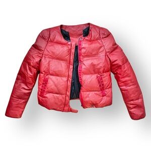 Retro Red Leather Cropped Quilted Collarless Down Filled Puffer Jacket xsmall
